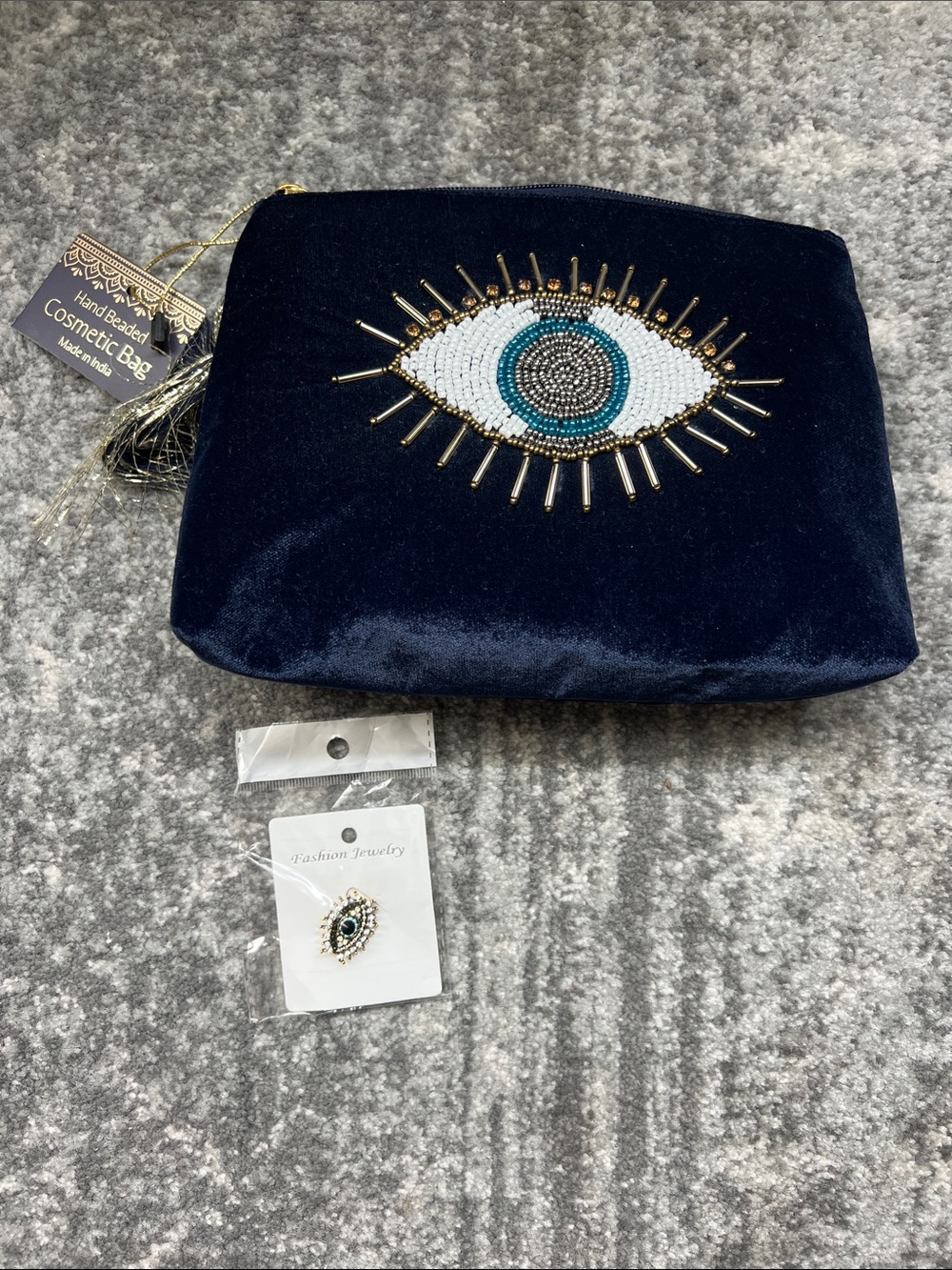 NWT Embellished Evil Eye 🧿 Velvet Cosmetic Bag - Navy and NWT Evil Eye 🧿 Pin